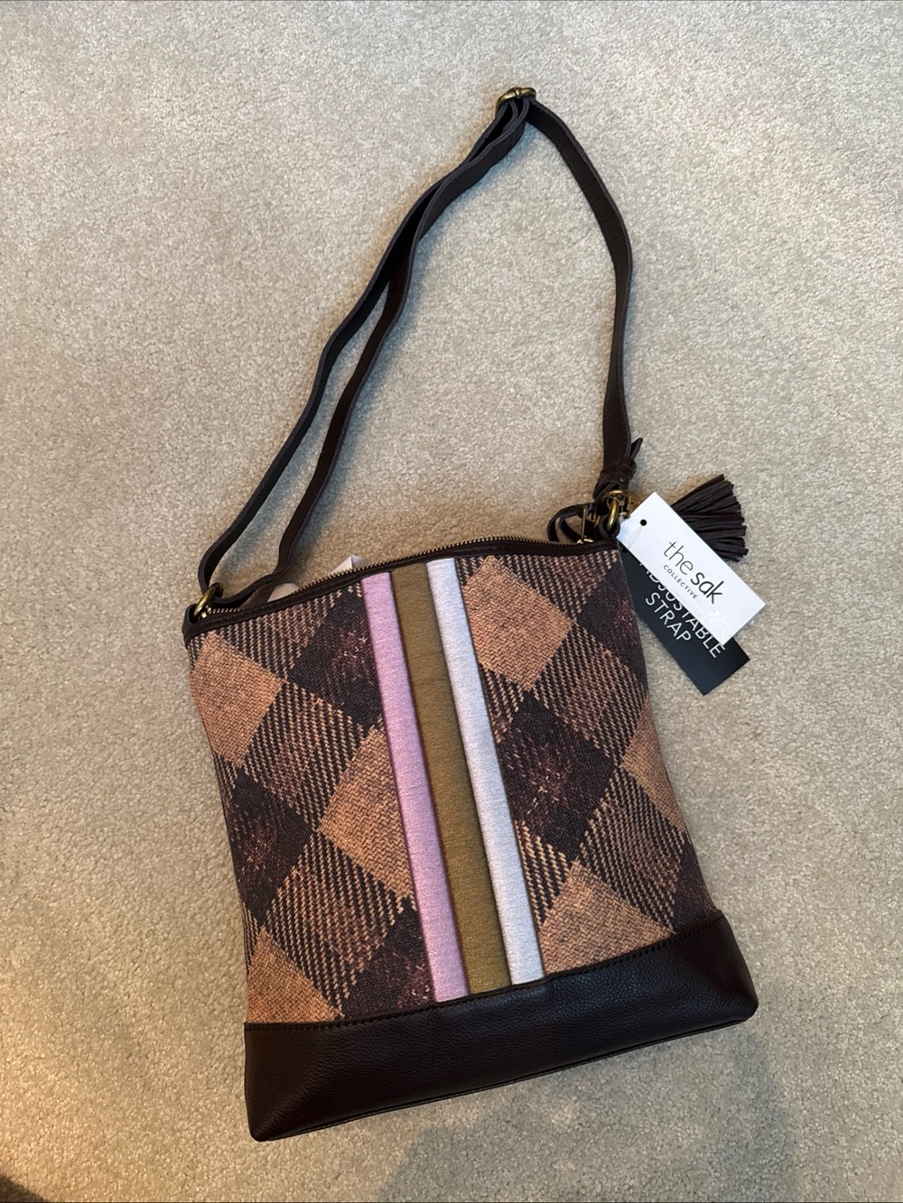 The Sak Brown Plaid Crossbody with Pink & Cream Stripes